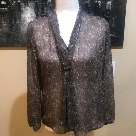 Elegant Sheer Brown Floral Blouse with Tie at Neckline - Picture 5 of 6
